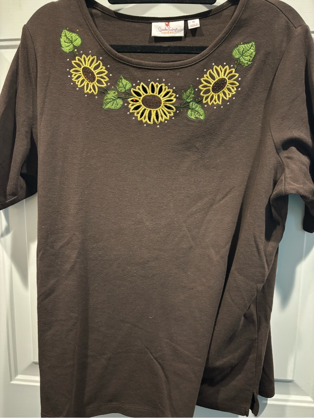 Quacker Factory Brown Short-Sleeve Scoop Neck Top with Sunflower Embroidery